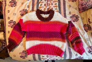 Arula Chunky Knit Colorblock Sweater Pink Purple Striped Cozy Statement Pullover